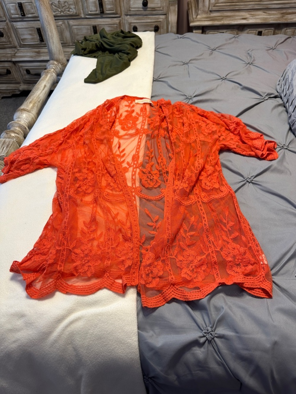 Sheer Floral Lace Kimono Cardigan - Orange